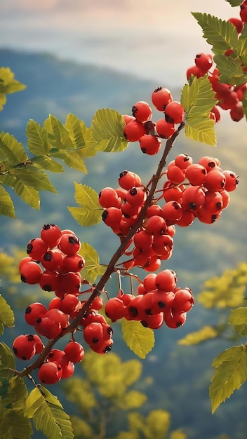 Branche de rowan avec des baies sur le fond du ciel ensoleillé