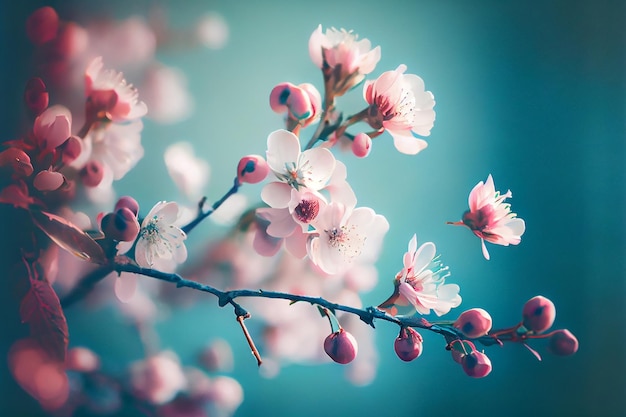 Branche de sakura en fleurs contre le ciel bleu Illustration Generative AI