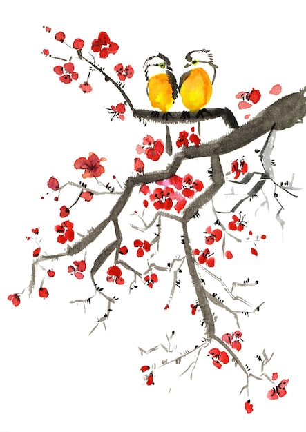 Une branche de sakura en fleurs avec des oiseaux. Aquarelle d'art dans le style traditionnel japonais sumi-e