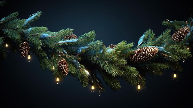 Branche de sapin avec cônes et guirlandes Arrière-plan de Noël AI génératif