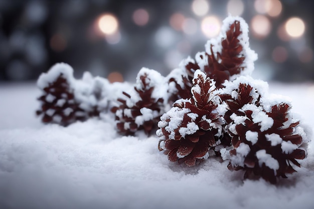 Branche de sapin enneigé avec des pommes de pin