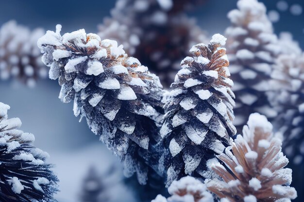 Branche de sapin enneigé avec des pommes de pin