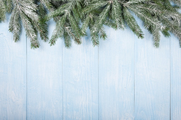 Branche de sapin de Noël dans la neige sur fond de bois bleu