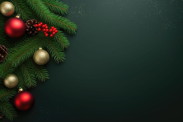 Branche de sapin vert décorée de boules de Noël rouges et autres décors Illustration générative de l'IA