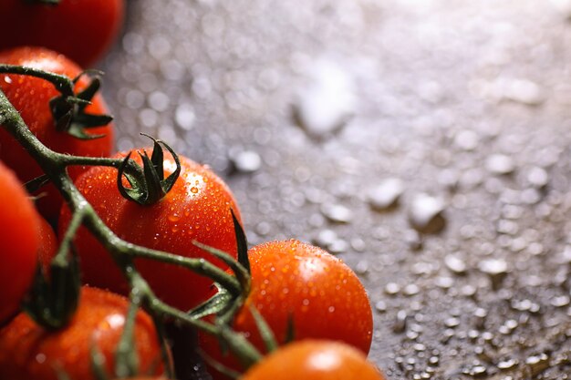 Branche avec des tomates cerises fraîches. Tomates rouges mûres. Tomates et pâtes aux épices