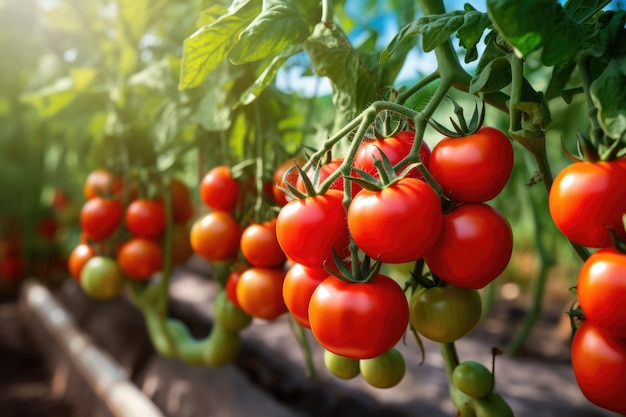 Branche de tomates fraîches mûres biologiques qui poussent dans une serre