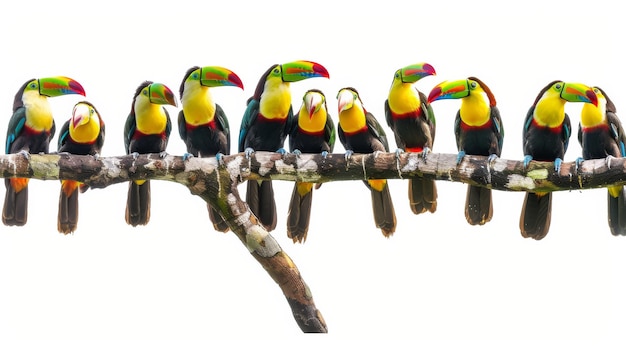 Branche avec des Toucans colorés sur fond blanc