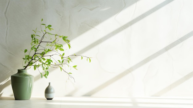 Branche verte d'arbre avec ombre contre le mur de carreaux de marbre blanc et table en bois avec espace de copie dans la lumière du soleil du printemps