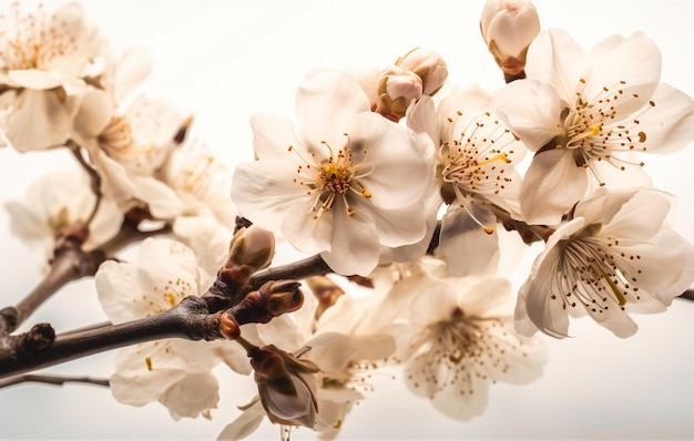 Les branches d'amande fleurissent sur un fond blanc