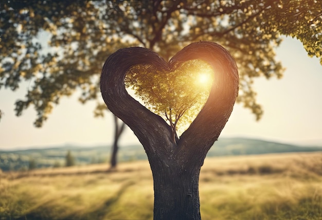 Photo des branches d'arbre en forme de cœur avec le lever du soleil pour la fête de la saint-valentin