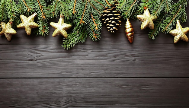 Branches d'arbre de Noël avec des étoiles d'or de fircones sur fond de bois foncé