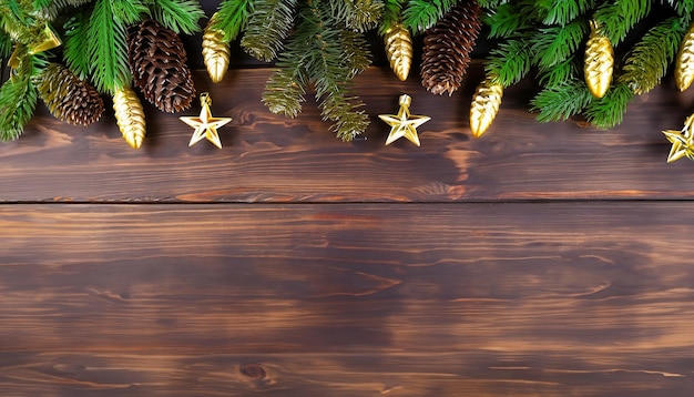 Branches d'arbre de Noël avec des étoiles d'or de fircones sur fond de bois foncé