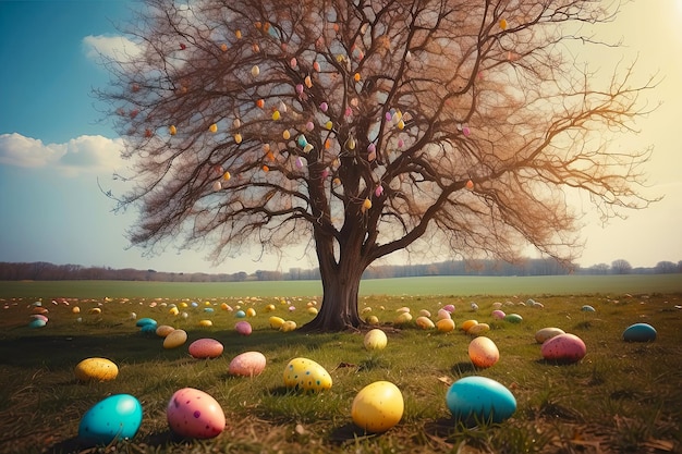 Les branches de l'arbre de printemps sont décorées avec des œufs de Pâques colorés carte postale de Pâque la nature de printemps générée par l'IA
