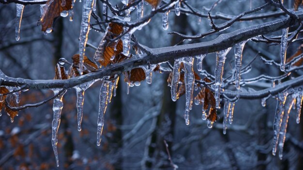 Les branches des arbres autrefois vibrantes de vie pendent maintenant lourdes avec des couches de glace étincelante leurs feuilles