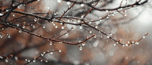 Des branches d'arbres avec des gouttes d'eau sur un fond flou