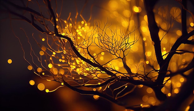 Branches d'arbres avec lumière de Noël jaune brillant comme gros plan d'arrière-plan