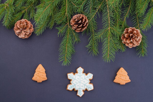 Branches d'arbres de Noël avec pommes de pin et biscuits.