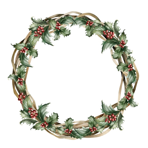 Branches de baies rouges Couronne en bois avec une plante traditionnelle de Noël Illustration florale à l'aquarelle