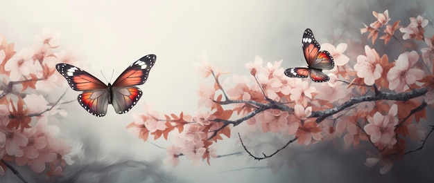 Branches de bannière de printemps de cerisier en fleurs sur fond de ciel bleu et de papillons sur la nature à l'extérieur Fleurs de sakura rose image romantique de rêve paysage de printemps panorama générer ai