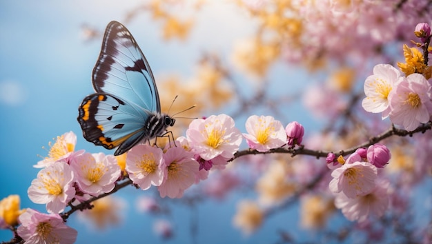 Des branches de cerises en fleurs sur le fond d'un ciel bleu et de papillons.