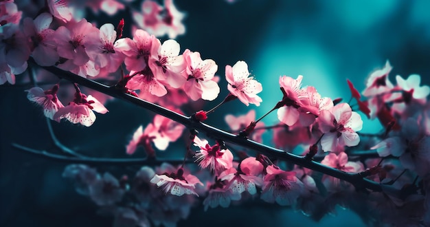 Les branches d'un cerisier sont en fleurs avec des fleurs roses