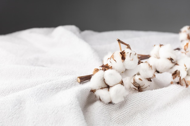 Branches de coton sur une serviette éponge de bain blanche