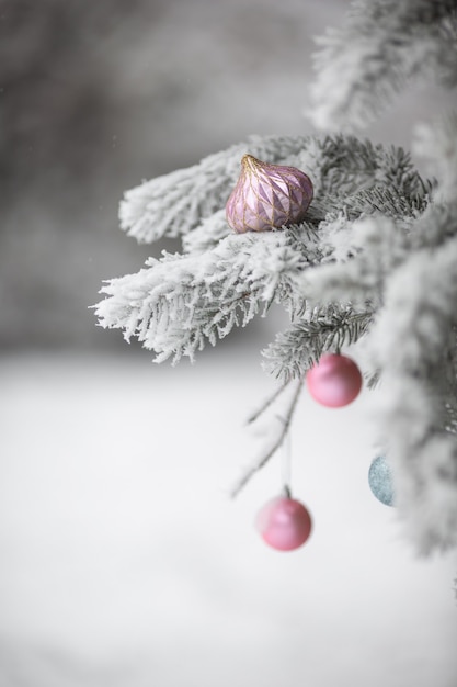 Branches couvertes de neige avec des jouets d'arbre de Noël dans la neige
