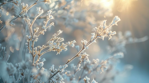 Les branches dans le gel et la neige en hiver sont éclairées par le soleil