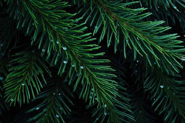 Photo des branches d'épicéa vertes avec des gouttes de rosée sur un fond noir