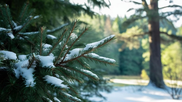 Photo des branches d'épinette sur fond de forêt