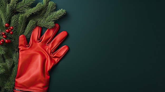 Photo branches d'épinette de fond vert de noël et gants rouges joyeux noël