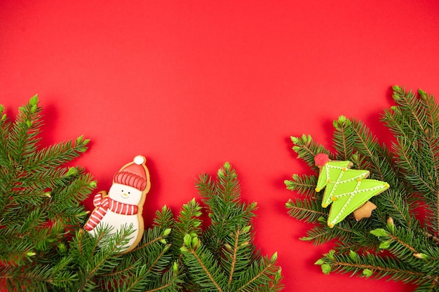 Photo branches d'épinette verte et biscuits de pain d'épice de noël à plat sur fond rouge vue de dessus