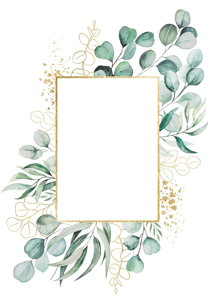 Photo branches d'eucaliptus vert clair à l'aquarelle et feuilles d'espace de copie d'illustration de cadre doré
