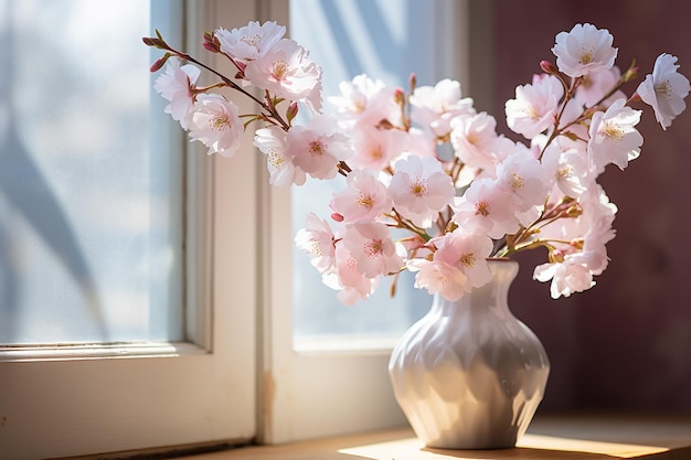 des branches de fleurs de cerisier dans un vase sur la fenêtre