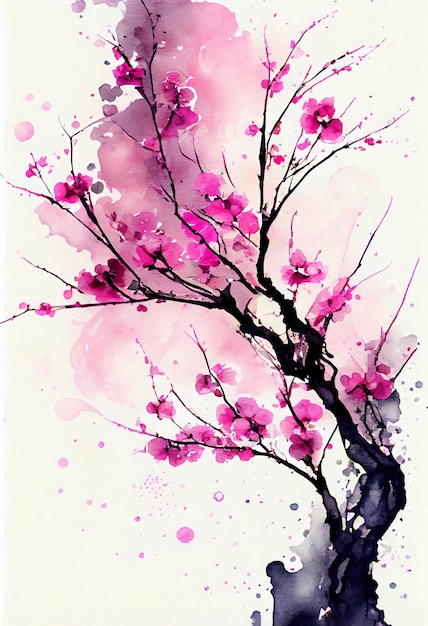 Branches de fleurs de cerisier rose aquarelle avec fond splash