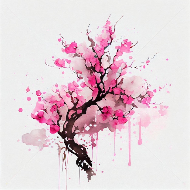 Branches de fleurs de cerisier rose aquarelle avec fond splash