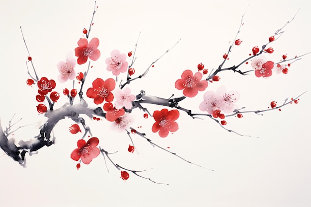 Photo des branches en fleurs de pêche en fleurs d'aquarelle peintes à la main, matériel d'illustration à l'encre