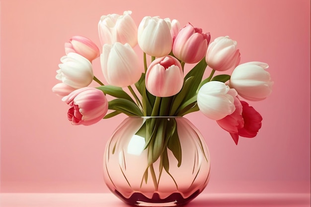 Branches de fleurs de tulipes et de feuilles vertes. Conception florale de mars. Modèle de carte de voeux. Illustration festive de la journée des femmes.