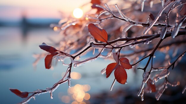 Des branches glacées contre un coucher de soleil hivernal