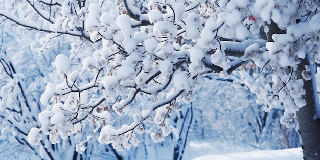 Des branches d'hiver enneigées en gros plan, du gel blanc sur les arbres, le fond naturel