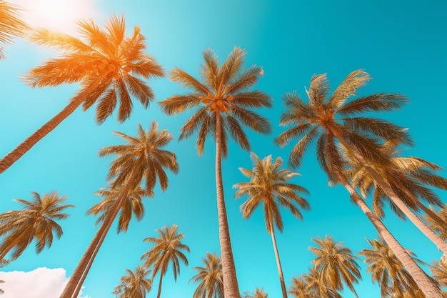 Des branches de palmiers sur un fond tropical bleu avec un espace de copie et un cadre IA générative