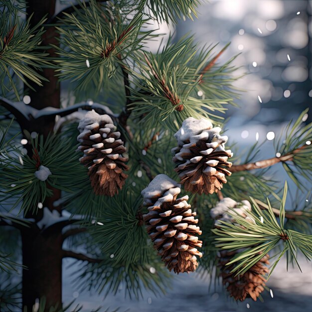 Des branches de pin couvertes de neige sur un fond de Noël d'un froid jour d'hiver