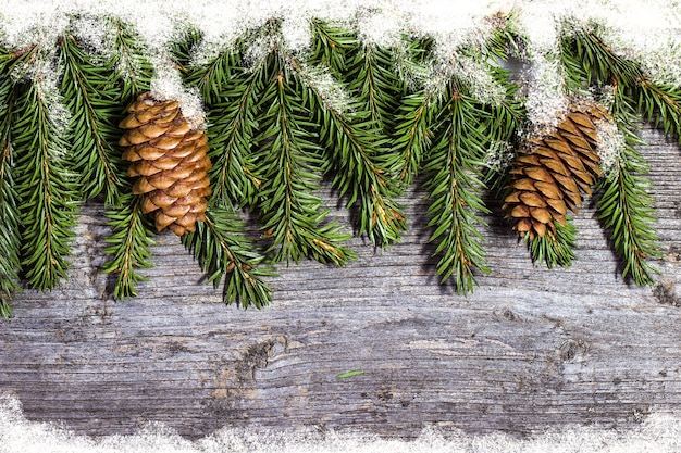 Branches de pin décorées avec des cônes sur l'espace libre de table en bois. décorations de Noël