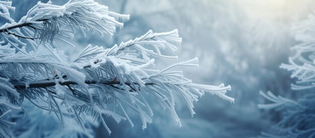 Des branches de pin en gros plan couvertes de gel dans un fond flou blanc enneigé généré par l'IA