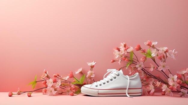 Des branches roses en fleurs et une chaussure blanche sur un fond rose Vente de printemps