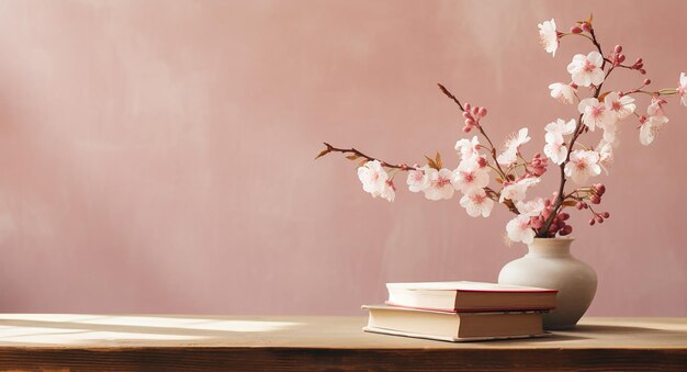 Photo des branches de sakura avec des fleurs dans un vase et une copie de livre spase banner