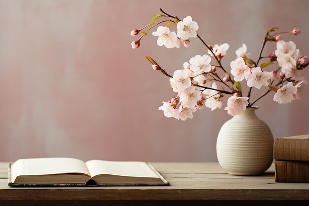 Photo des branches de sakura avec des fleurs dans un vase et un livre