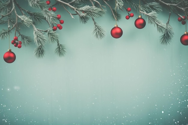 Branches de sapin de bord de Noël et ornement sur planche enneigée Arbre de Noël avec ornement et lumières Bokeh sur fond rouge