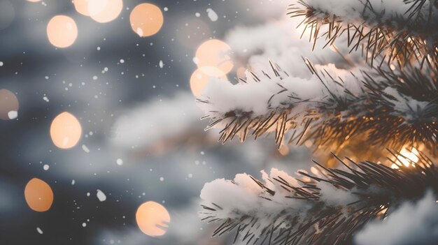 Des branches de sapin dans la neige en gros plan avec un fond de Noël bokeh avec une place pour votre texte