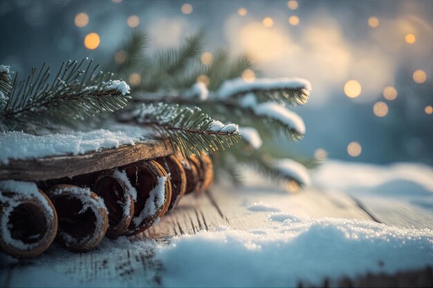 Branches de sapin dans la neige avec une table en bois festive Generative AI